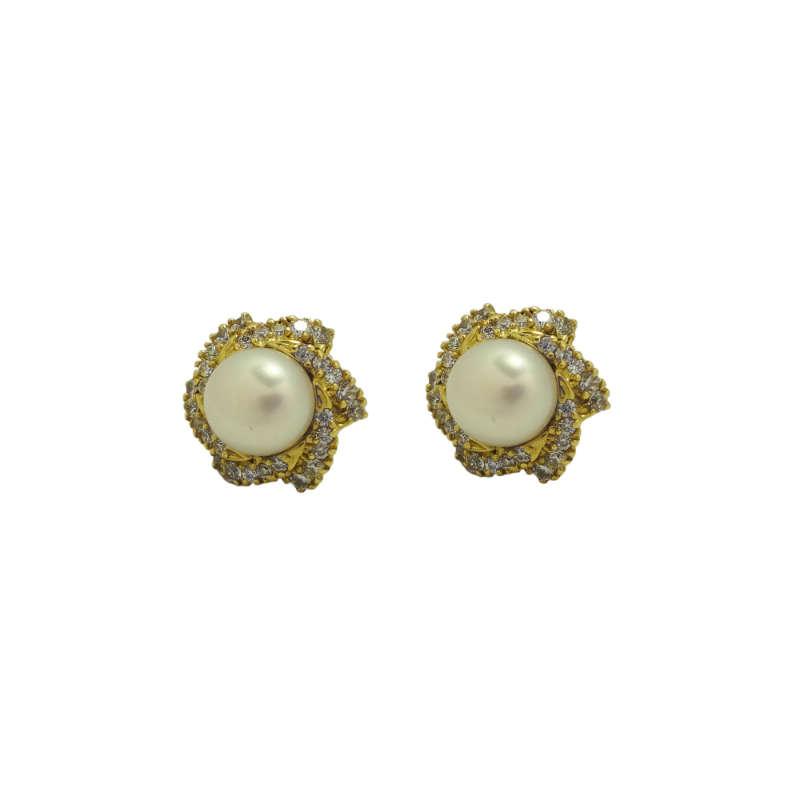 Χρυσά σκουλαρίκια καρφωτά Κ14 με μαργαριτάρι και λευκά ζιργκόν