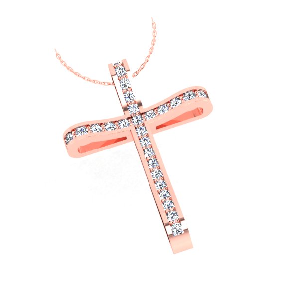 Γυναικείο ροζ χρυσό Κ18 με μπριγιάν (μήκος σταυρού χωρίς χαλκά 2,3 cm φάρδος σταυρού 1,6 cm)