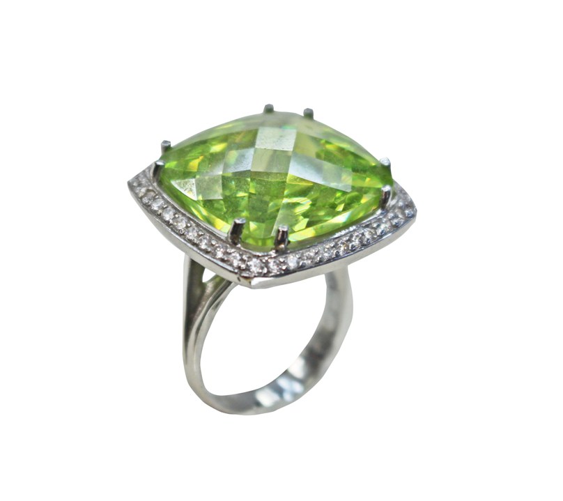 Γυναικείο δαχτυλίδι σε λευκό χρυσό Κ14 με λευκά ζιργκόν και πράσινο quartz