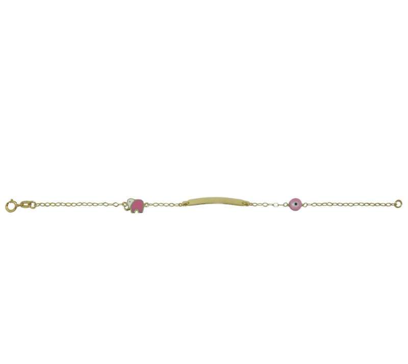 Ταυτότητα χρυσή Κ14 με ροζ ματάκι και ελεφαντάκι σε ροζ και άσπρο σμάλτο