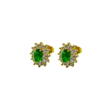 Χρυσά σκουλαρίκια καρφωτά Κ14 με μαργαριτάρι με πράσινα και λευκά ζιργκόν