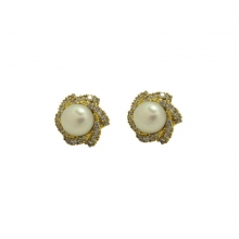 Χρυσά σκουλαρίκια καρφωτά Κ14 με μαργαριτάρι και λευκά ζιργκόν