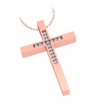 Γυναικείο ροζ χρυσό Κ18 με μπριγιάν (μήκος σταυρού χωρίς χαλκά 2,4 cm φάρδος σταυρού 1,7 cm)