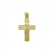 Χρυσός σταυρός ανάγλυφος χτιστικός με λουστρέ ένθετο σε κίτρινο χρυσό Κ14 διπλής όψης