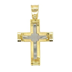 Βαπτιστικός δίχρωμος σταυρός σε κίτρινο και λευκό χρυσό Κ14