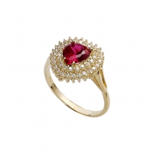 Χρυσό δαχτυλίδι Ροζέτα Κ 14 ροζέτα καρδιά κόκκινη με λευκά ζιργκόν