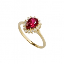 Χρυσό δαχτυλίδι Ροζέτα Κ 14 ροζέτα  σταγόνα κόκκινη με λευκά ζιργκόν