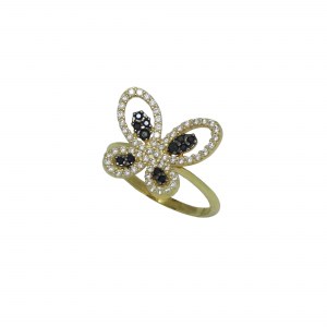 Μοντέρνο γυναικείο δαχτυλίδι σε σχήμα πεταλούδα από κίτρινο χρυσό Κ14 με λευκό και μαύρο ζιργκόν.
