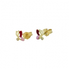 Σκουλαρίκια καρφωτά χρυσός Κ14 με ροζ και μωβ σμάλτο  