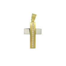 Βαπτιστικός Σταυρός δίχρωμος σε κίτρινο και λευκό χρυσό Κ14 με λευκά ζιργκόν
