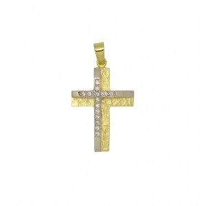 Βαπτιστικός Σταυρός απο κίτρινο χρυσό Κ14 ζαγρέ με λευκά ζιργκόν