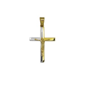 Βαπτιστικός Σταυρός δίπλής όψης δίχρωμος απο λευκό και κίτρινο χρυσό Κ14 με εσταυρωμένο