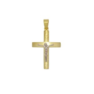 Βαπτιστικός Σταυρός διπλής από κίτρινο χρυσό Κ14 με εσταυρωμένο