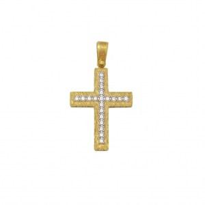 Βαπτιστικός δίχρωμος σταυρός από κίτρινο και λευκό χρυσό Κ14  με λευκό σταυρουδάκι και λευκά ζιργκόν