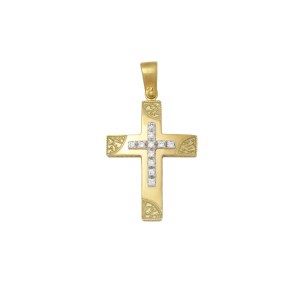 Βαπτιστικός δίχρωμος σταυρός από κίτρινο και λευκό χρυσό Κ14  με λευκό σταυρουδάκι και λευκά ζιργκόν