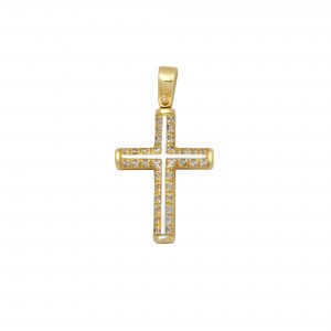 Βαπτιστικός δίχρωμος σταυρός σωληνωτός από κίτρινο και λευκό χρυσό Κ14 με λευκά ζιργκόν