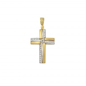 Βαπτιστικός δίχρωμος σταυρός από κίτρινο και λευκό χρυσό Κ14 με λευκά ζιργκόν