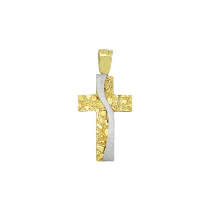 Βαπτιστικός Σταυρός ανδρικός δίχρωμος σε λευκό και κίτρινο χρυσό Κ14